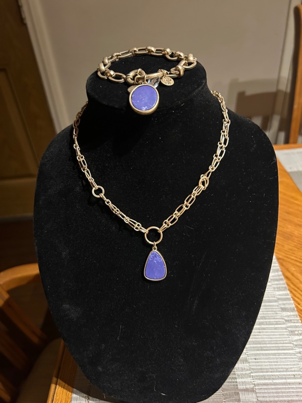 Gold Tone Necklace and Bracelet Set with Purple Stone Pendant